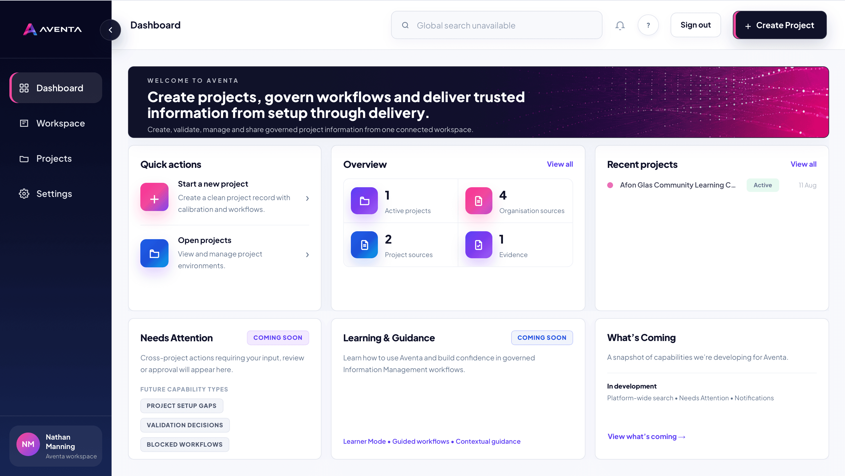 Aventa dashboard showing governed projects