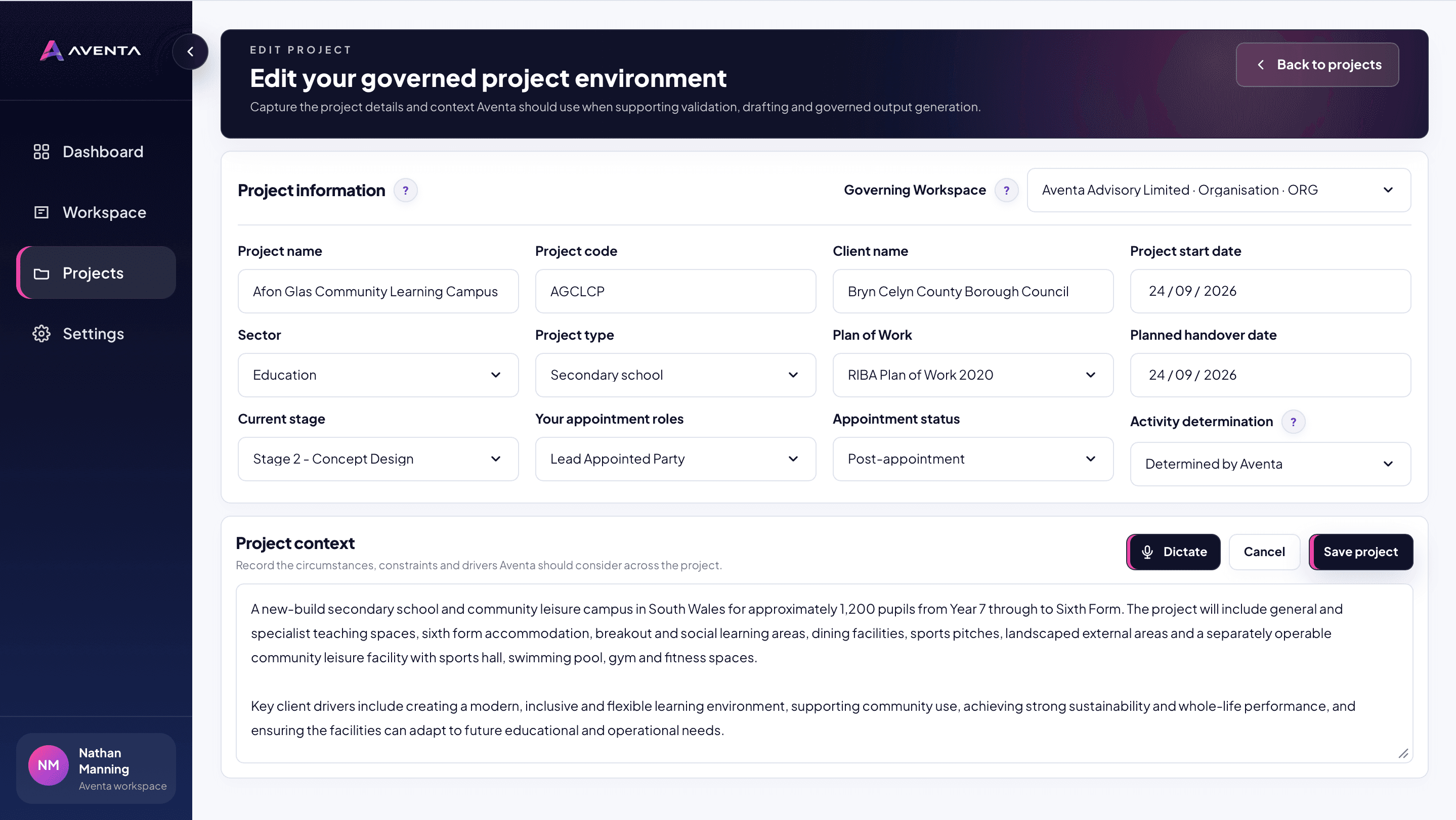 Aventa project context screen with project information and context fields